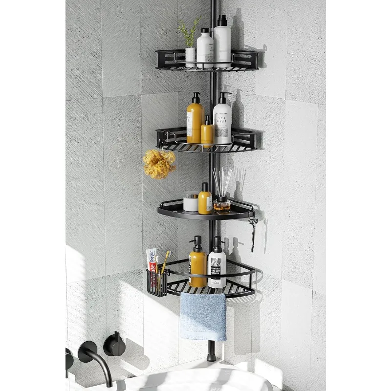 

Corner Shower Tension Pole: Quick Installation 4-Tier Rustproof Bathroom Organizer Shelves for Bathtub Shampoo Storage