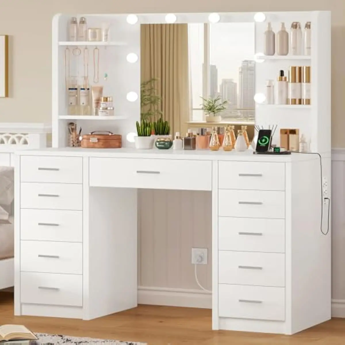 Large Modern White Vanity Desk Featuring 11 Drawers 6 Open Shelves Built-in Charging Station 2 AC Outlets 2 USB Ports 5 Side Hoo