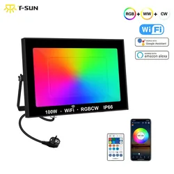 T-sunrise 100W RGB Smart Floodlight Outdoor Spotlight IP66 Remote Control Warm Cool Lighting WIFI Control for Alexa EU UK Plug