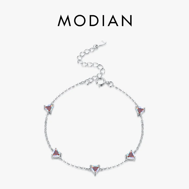 MODIAN autentyczny luksusowy tęczowy ogień kolor cyrkonu bransoletka wisiorek serca Chain Link bransoletka dla kobiet urodziny biżuteria Crystal