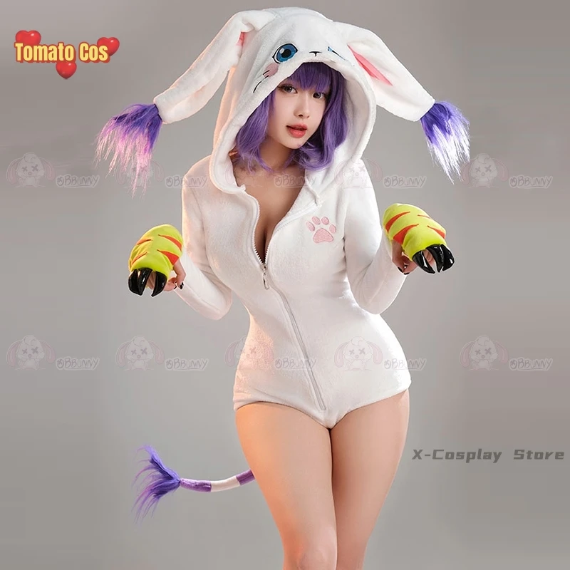 Anime Cosplay Gatomon Tailmon Neko Cosplay Costume Cute Halloween Sexy Romper Bodysuit Hooded Belt Tail Anime Doujin Suit