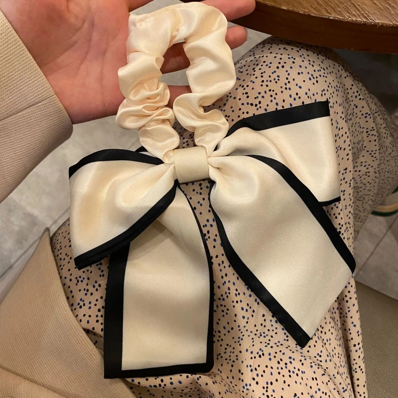 

White Black Large Bow Hair Rope Satin Ribbon French Hair Tie Elastic Ponytail Holder Girl Elegant Headwear Silk Hair Accessories