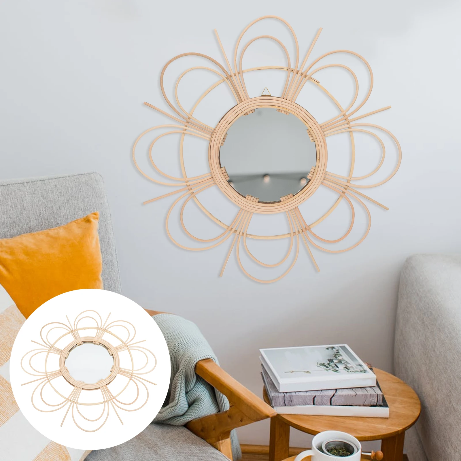 

Creative Woven Wall Decor Rattan Makeup Mirror Hanging Retro Style Decorative Home Mirror Unique Gift For Bedroom