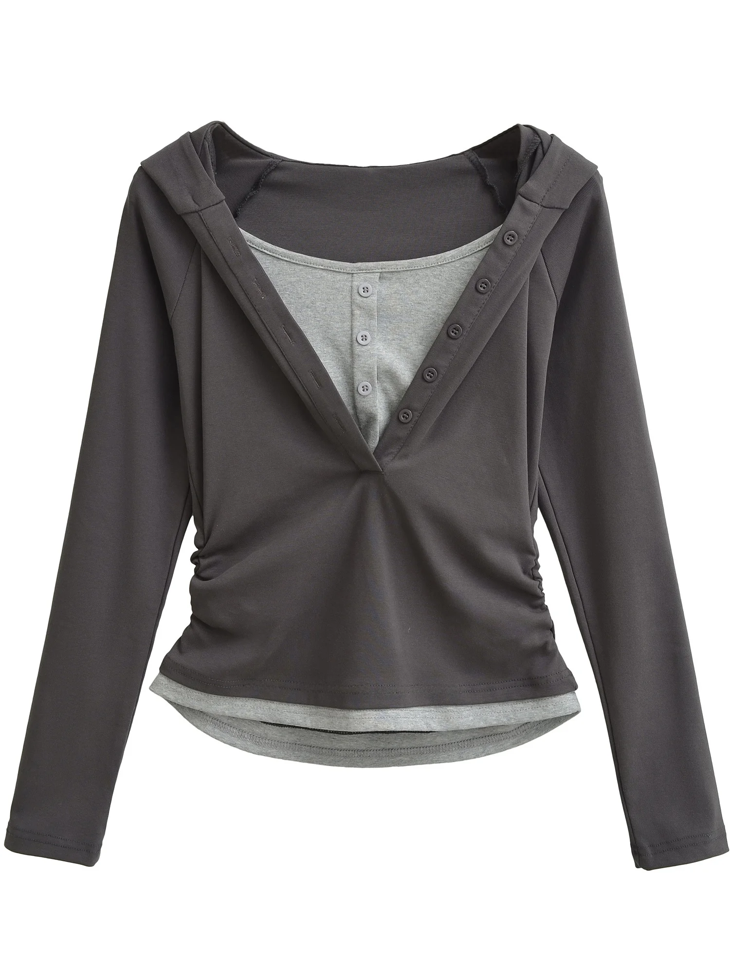 Retro American Folded Waist Slimming Fake Two-Piece Hoodie Women's ort Sle V-ne Long Sve Commute Autumn Top