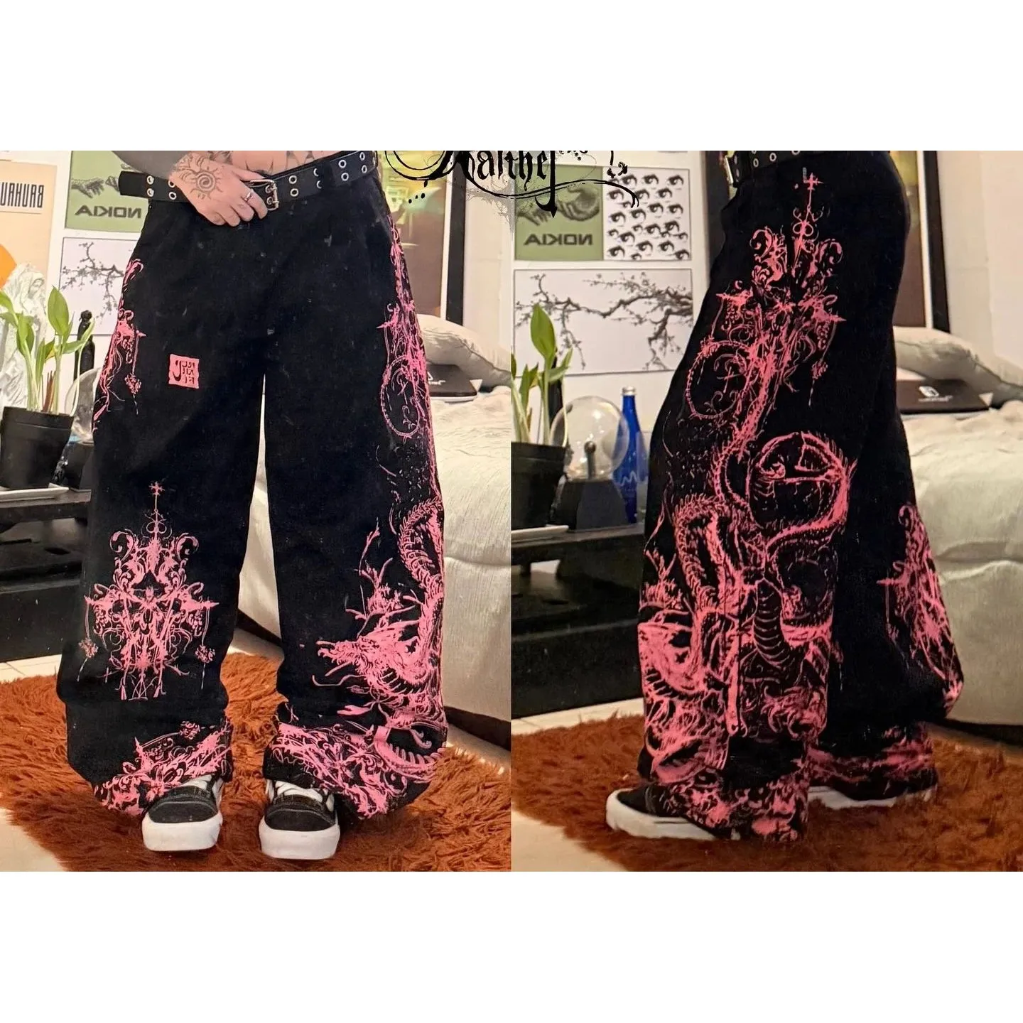 

Pink Dragon Pattern American Street Gothic Baggy Jeans Cleanfit Straight Leg PVC Neutral Winter Casual Trousers