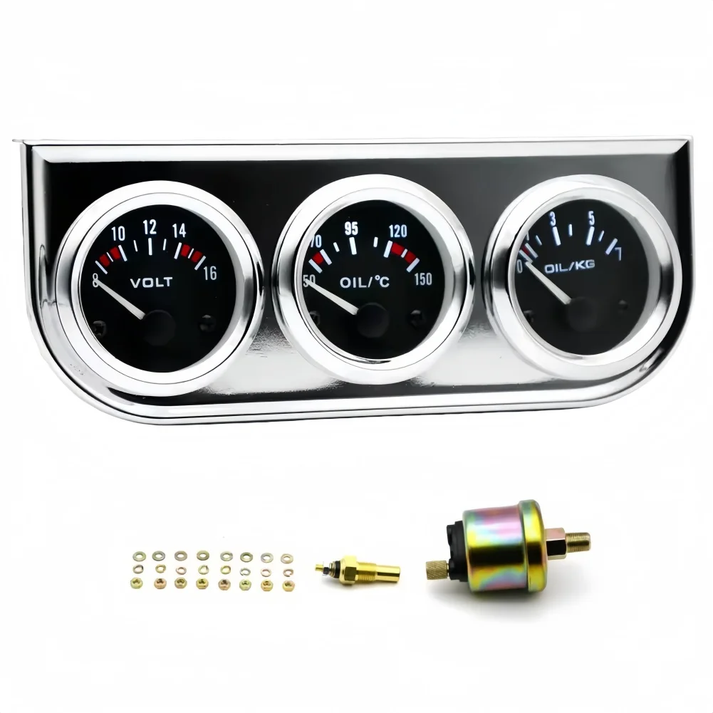 12V 52MM Triple Gauge Oil Temperature Pressure Voltage Meter for Car Dashboard with Chrome Frame White Face Black Face Options