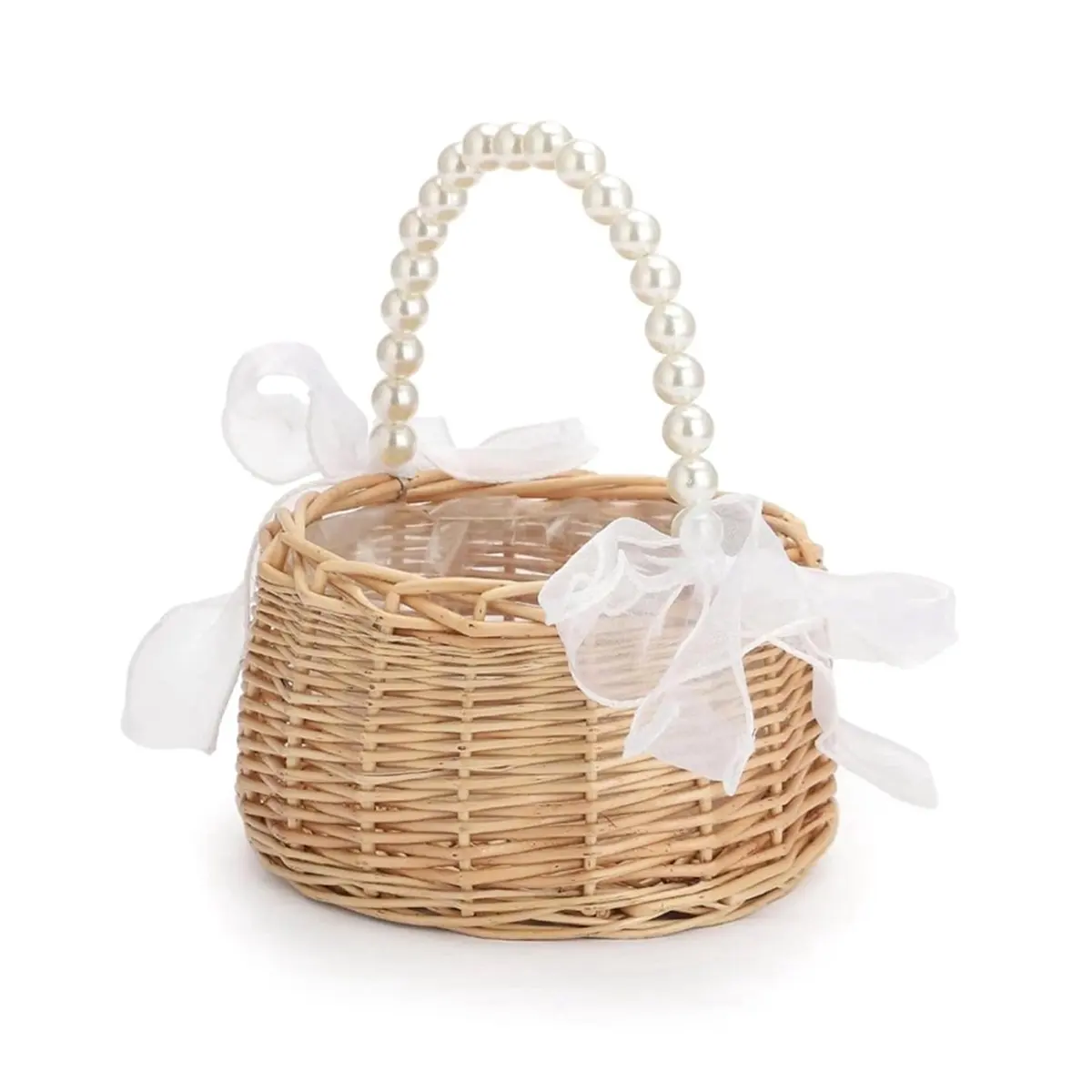 SDFC Pastoral Style Wicker Flower Basket with Pearl Handle,Elegant Wedding and Home Decoration Accessories,Flower Girl Basket