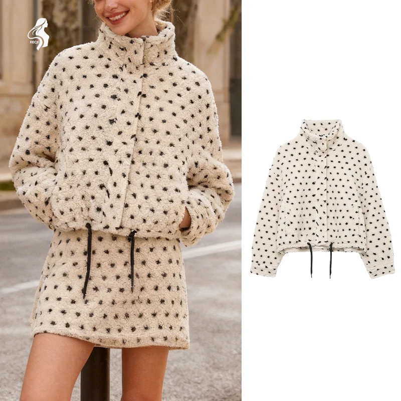 

Womens Fashion Polka Dot Fleece Jacket Short Drawstring Versatile Jacket For Women Suitable For Everyday Wear Trafizaran
