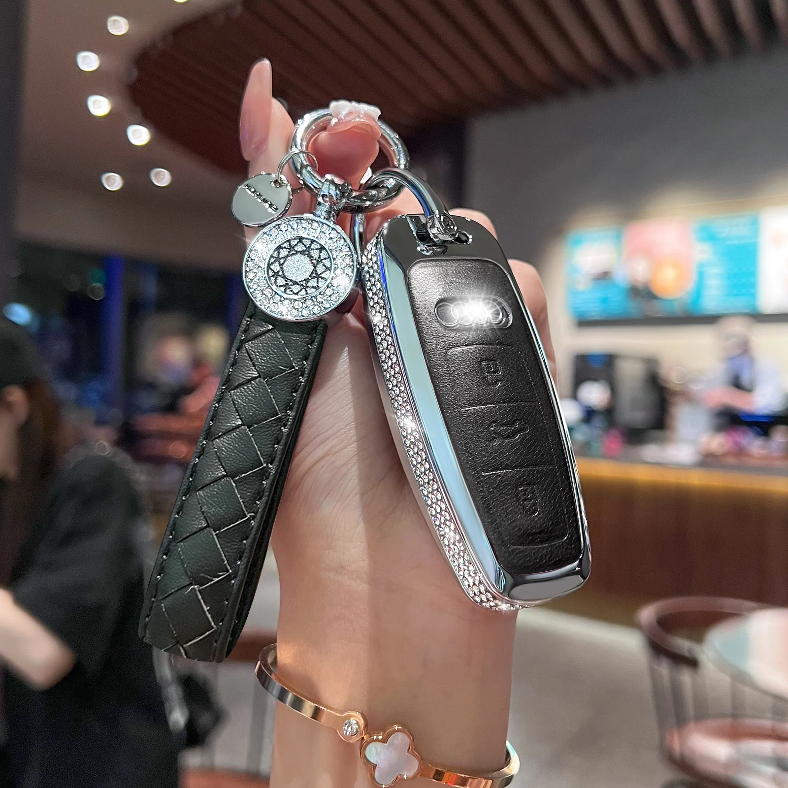 Compatible with Audi Key Fob Cover with Keychain, Pink Genuine Leather Crystal Key Case Protection Shell for A6L A6 A7 A8 Q7 Q8