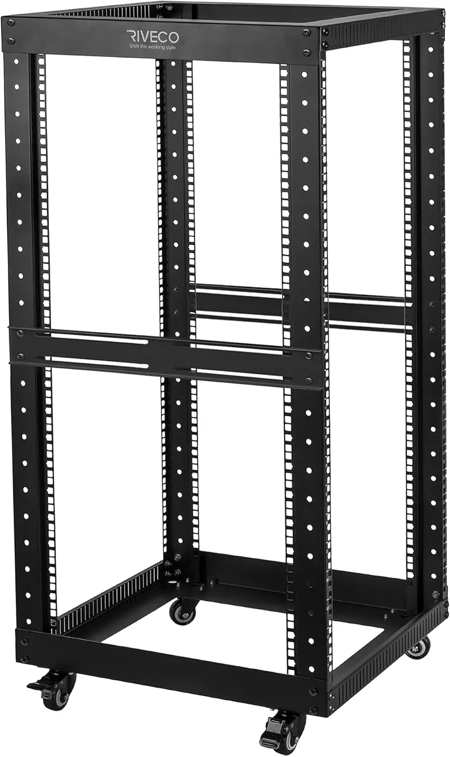 Open Frame Server Rack with Wheels- Heavy Duty 4 Post Quick Assembly 19-inch, Stereo Rack Rolling Network Shelf Black