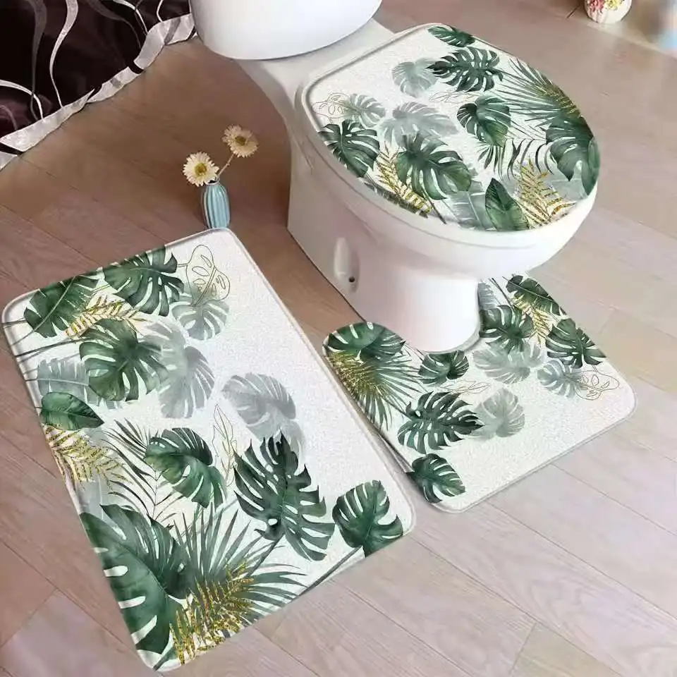 VIKAMA Badematten-Set mit tropischen Blättern, Palmenblatt, Monstera, grüne Pflanzen, Heimteppich, Flanell, Badezimmer, Bodenteppiche, Toilettendeckelbezug – Detail 9