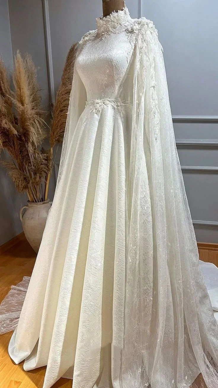 Customized Muslim White Elegant Bridal Gowns Lace Embellished Sparkling A-Line Shawl Dubai Wedding Dresses vestido de novia