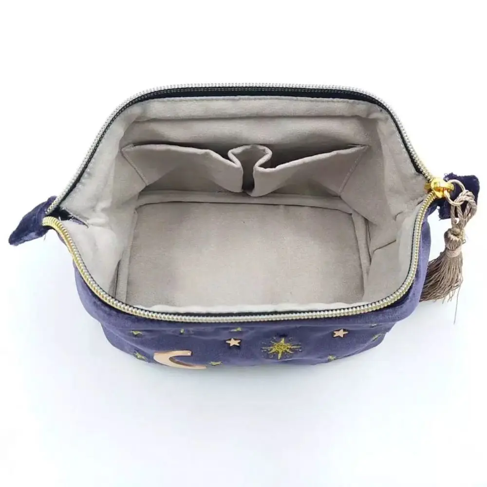Velvet Moon Star Cosmetic Bag Cute Embroidery Portable Travel Organizer Tassel Decoration Large Capacity Lipstick Handbag Women