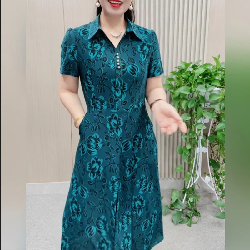 

Summer New Printing Fashion Short Sleeve Midi Dress Women High Street Casual Elegant Button Pockets Patchwork All-match Vestidos