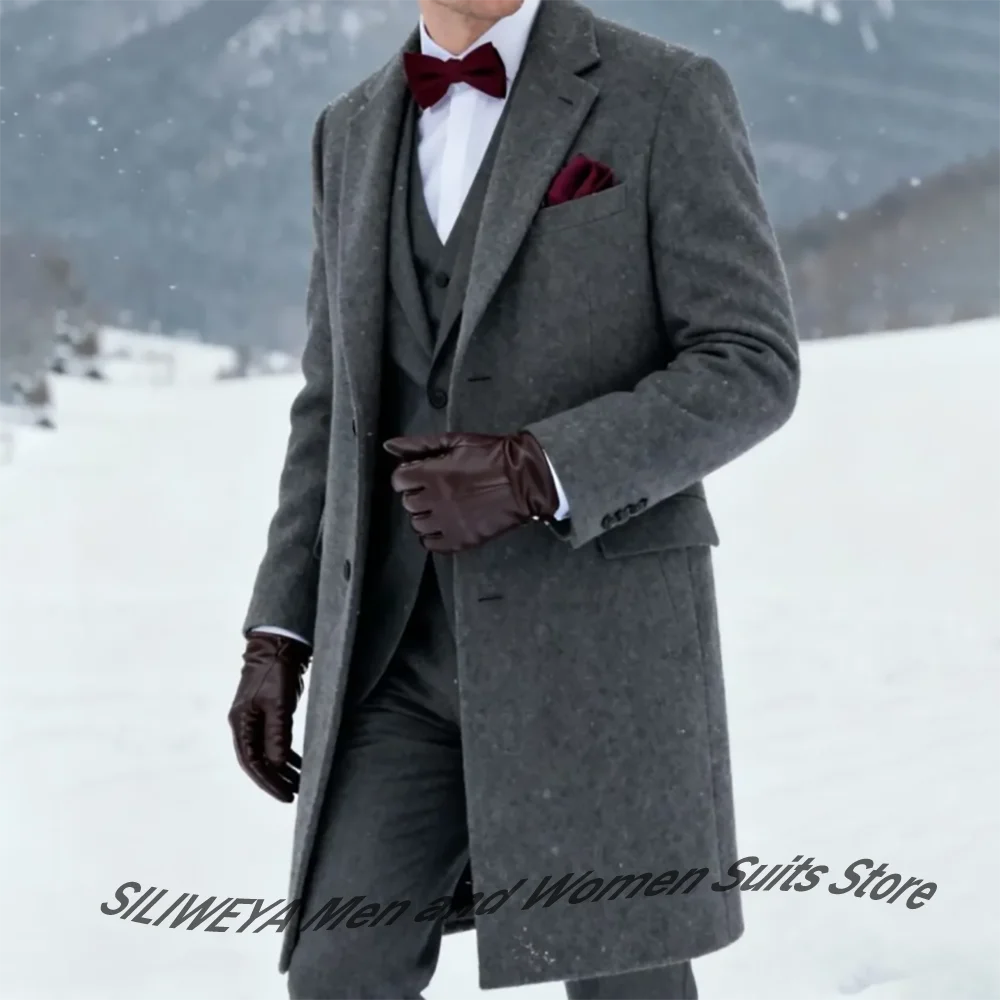 

Grey Wool Overcoat Men's Suits Single Breasted Warm Four Pieces(Coat+Jacket+Vest+Pants) Set Elegant Winter Gentleman’s Ensemble