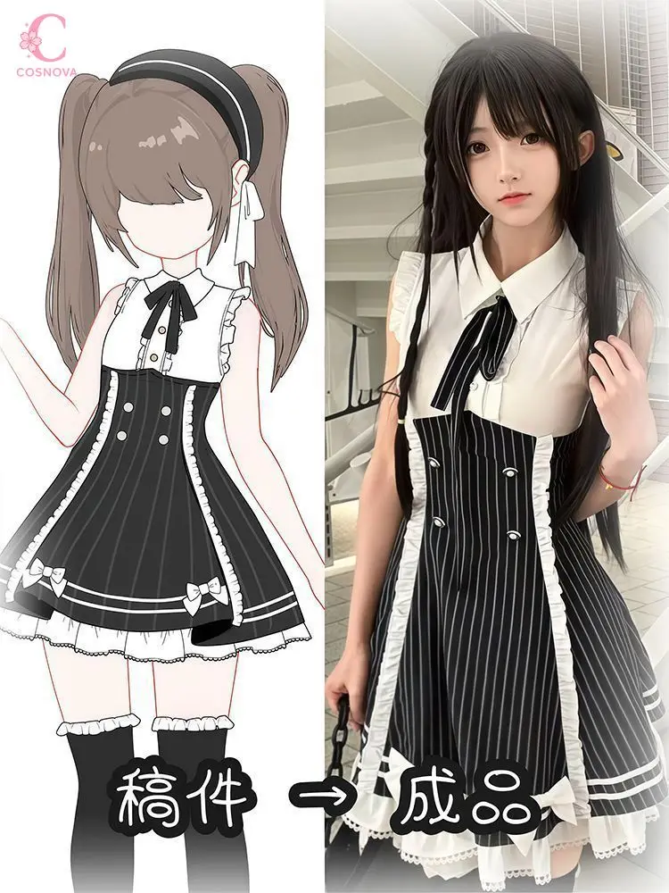 

Japanese J-Fashion Landmine Style Stripe Mini Dress Women Cute Bow Tie High Waist A Line Dress Cute Harajuku Anime Lovely Outfit