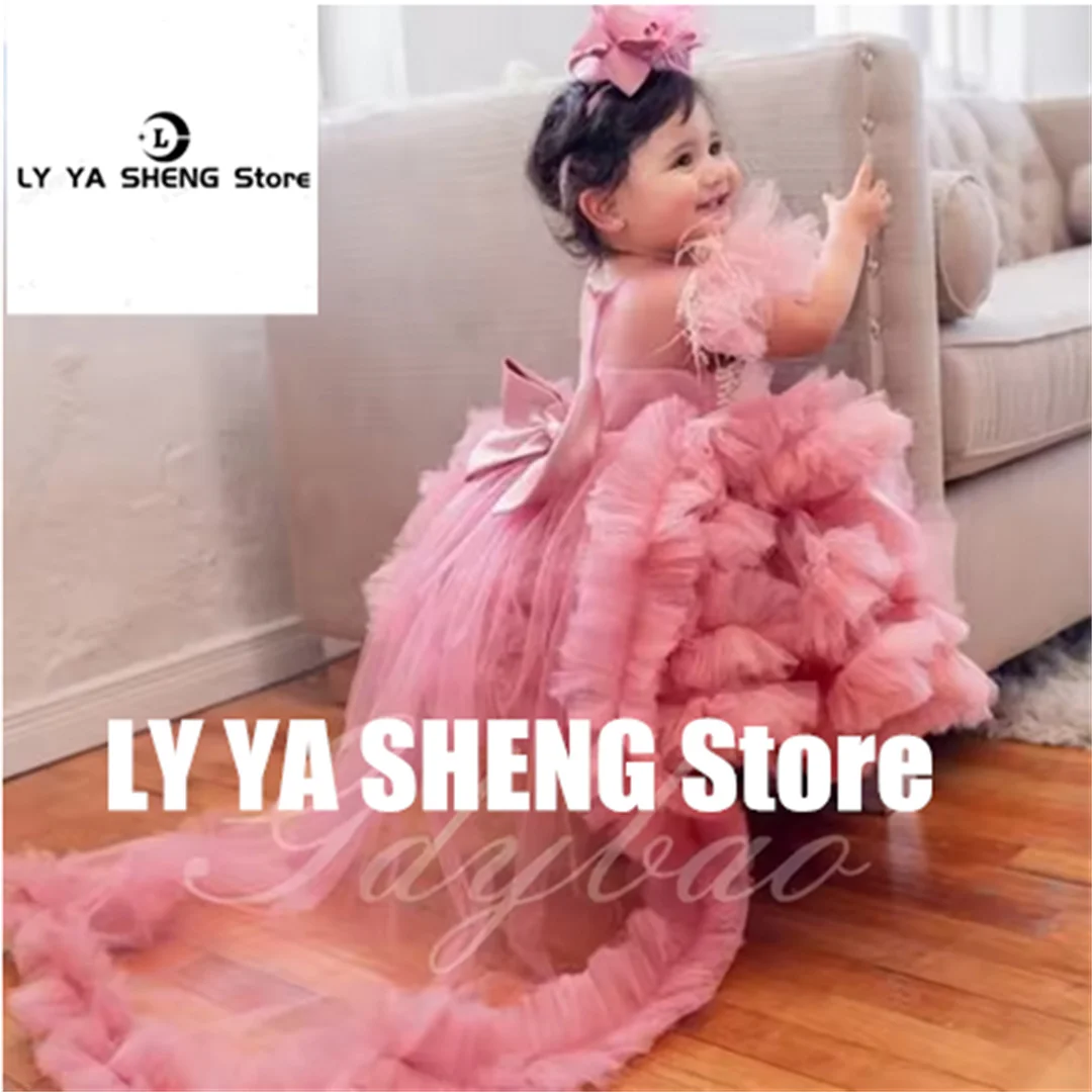 

Communion Flower Girl Dress For Wedding Layered Puffy Tulle With Bow Kids Birthday Party First Communion Baby Ball Gown