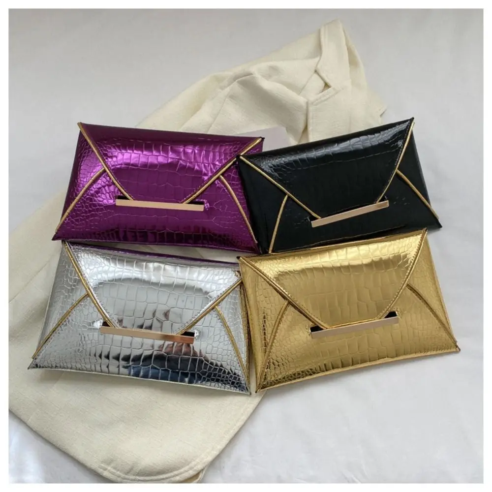 Pure Color Contrast Crocodile Pattern Coin Purse Matte Glossy Square Wallet Pu Material Cover Style Envelope Clutch Party-image