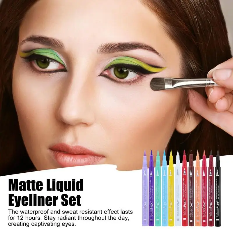 

Colored Liquid Eyeliner 12 Colors Rainbow Matte Quick-Dry Neon Eyeliners Waterproof Smudge Proof Eye Liner For Men Women Party