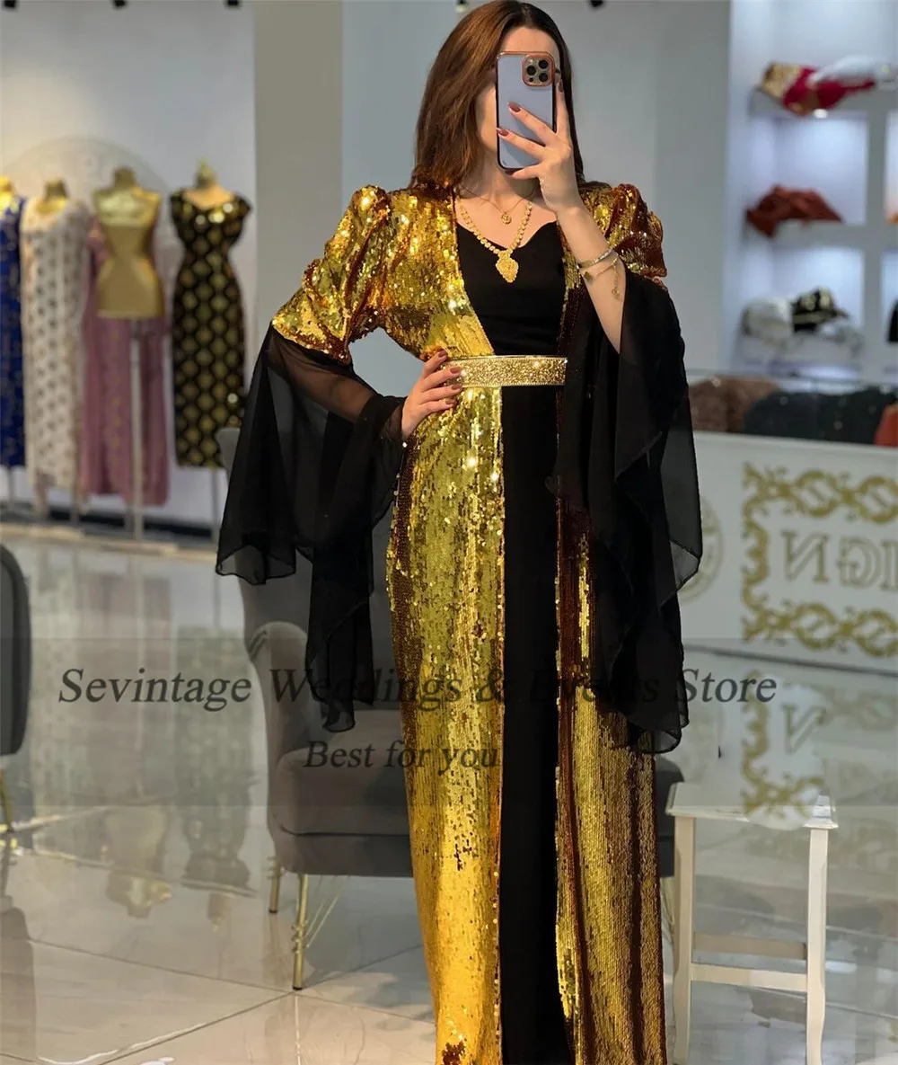 Sevintage Luxury Black Gold Mermaid Evening Dress V-Neck Long Flare Sleeves Seqineds Prom Gown Belt Floor Length Algerian Outfit