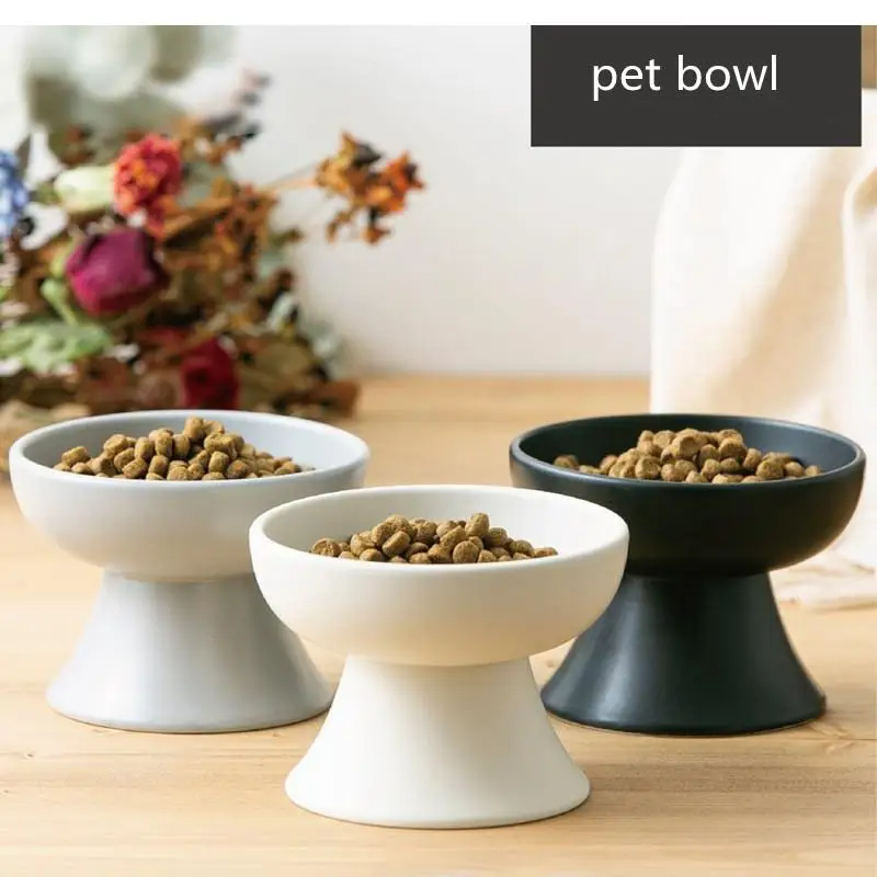 Ceramic Pet Bowl Japanese Style Dog Feeding Tall Water Supply Anti-overturning Black and White