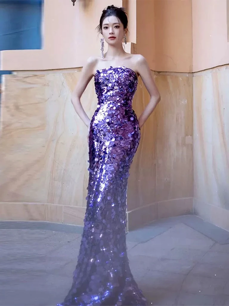 Sexy Purple Celebrity Dresses Sequins Woman Sleeveless Lady Performance Graduation Prom Vintage Mermaid Evening Gowns 2024