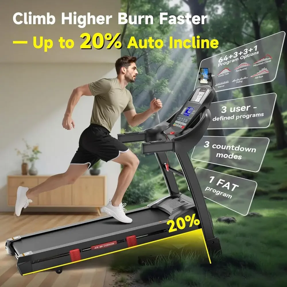 20% Incline Home Treadmill - 400lb Capacity, 5.0 HP Motor, 18 Belt, 0.6-12MPH Speeds, App-Enabled, Space-Saving Design with Cush