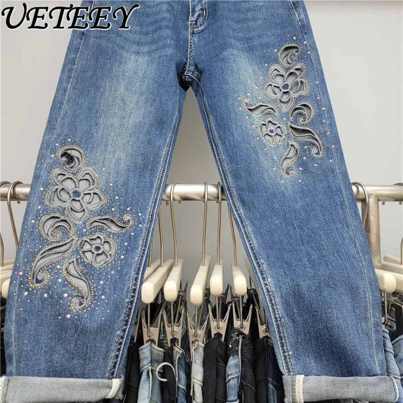 2025 Autunno Nuovo Fiore Cavo Design Papà Pantaloni Elastico Hot Diamond Nove Punti Moda Blu Jeans Donna Allentato Harlan Bottoms