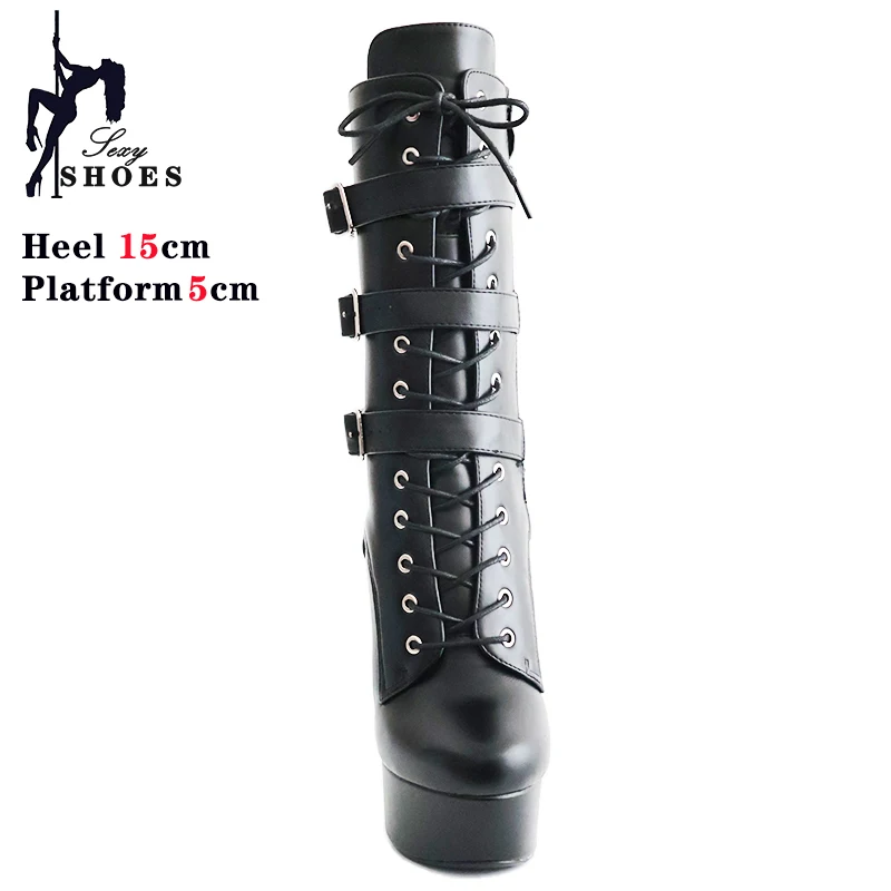 15CM/6Inch Matte Black High Heels Belt Buckle Platform Runway Ankle Boots Lace-up Nightclub Knight Pole Dancing WESTERN Boots