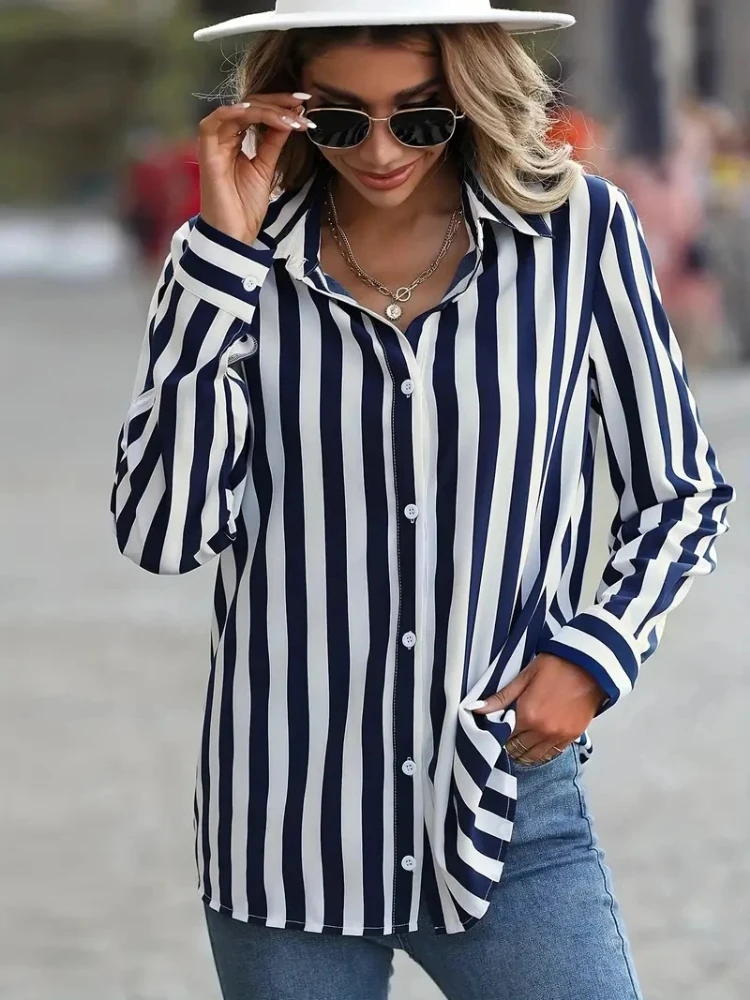 ZBZA Women\'s Striped Satin Blouse Single Breasted Lapel Long Sleeved Vintage Loose Street Oversized Shirt Autumn Female Chic Top