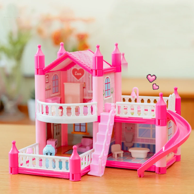 1/12 castelo casa de boneca dreamhome, casa de princesa diy, brinquedos de menina, conjunto de casa de bonecas de sonho de simulação brinquedos de menina rosa