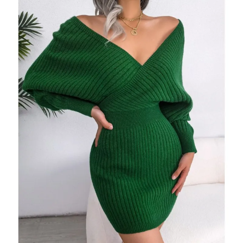 2024 Autumn Winter Sexy Cross V-neck Bat Skirt Hip Cover Dress Sweater Skirt Independent Station Cross-border Women's Clothing