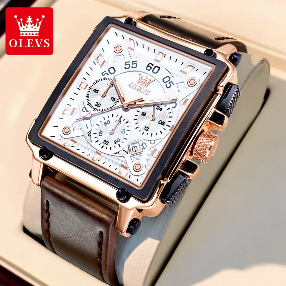 OLEVS Luxury Fashion Men's Watches Leather Strap Original Quartz Square Wristwatch for Man Waterproof Luminous Date Chronograph