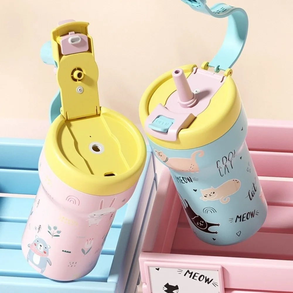 

Чашка из нержавеющей стали 650 мл, соломинка для двойного питья, керамическая внутренняя подкладка, вакуумная чашка, изоляционная чашка с рисунком кота и кролика, офисная чашка