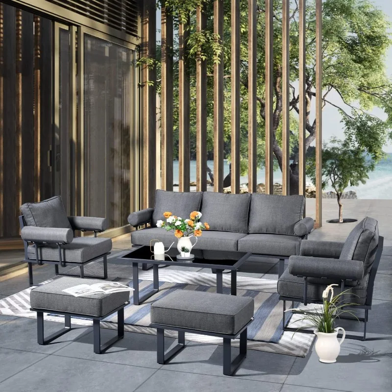 Patio Furniture Set,6 Piece Outside Mid Century Modern Couch,Weather Resistant Sofa Seating with Table Ottoman Cushion Arm,Grey