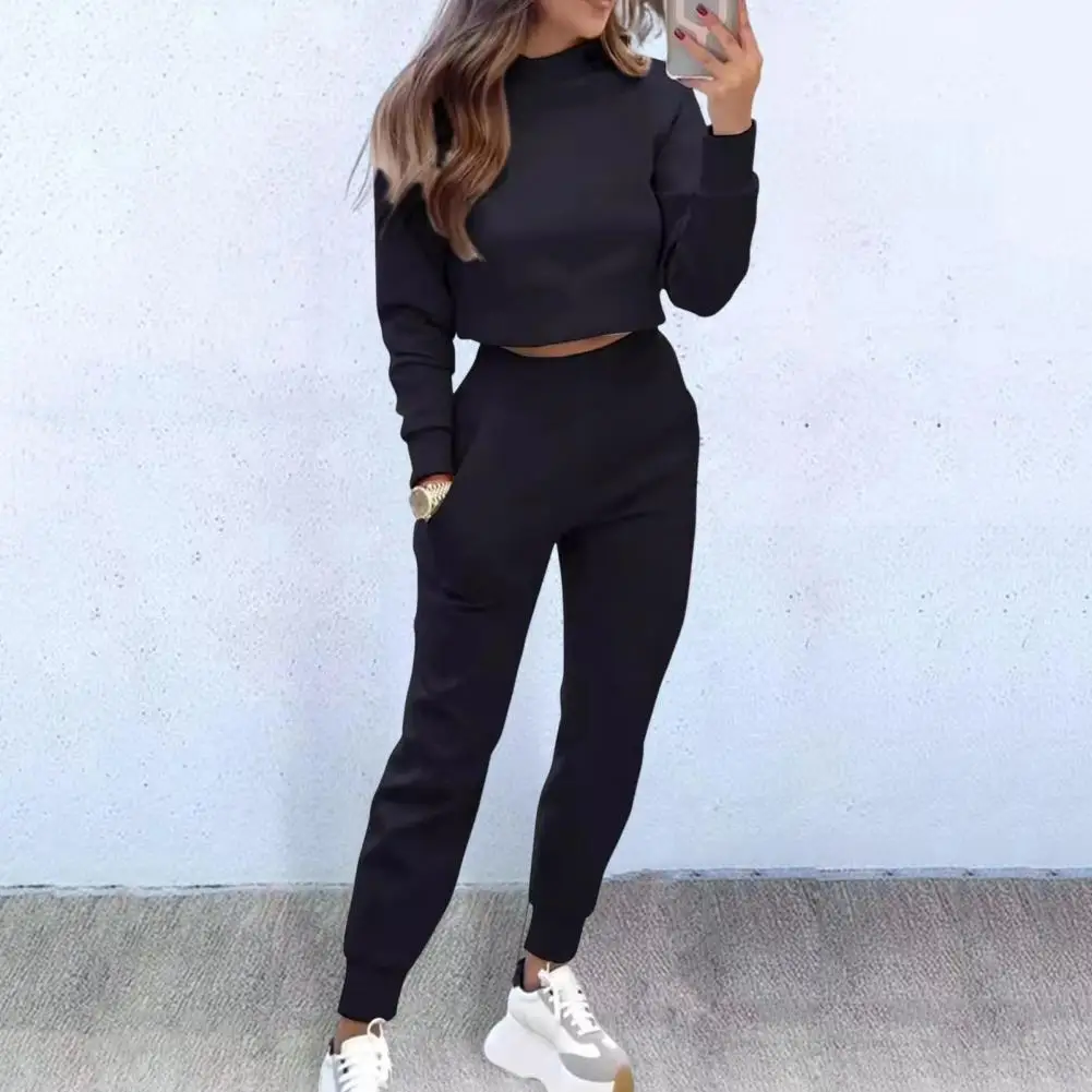 Women Cropped Top Set Women\'s High Collar Slim Fit Sweatshirt Sweatpants Set For Autumn Sport Outfit With Long Sleeves Elastic