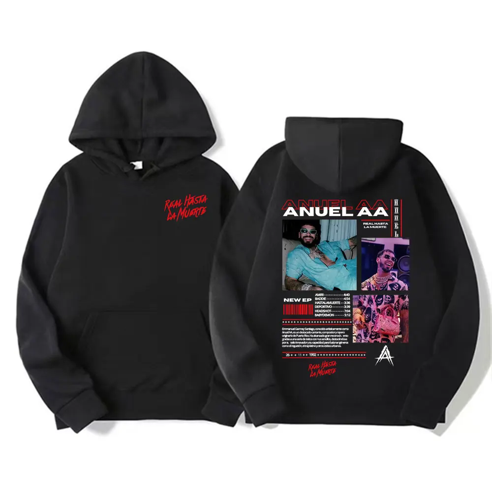 Rapper anuel aa real hasta la muerte 2025 outono e inverno tour 100% algodão impressão hoodies roupas masculinas oversized bodywarmer