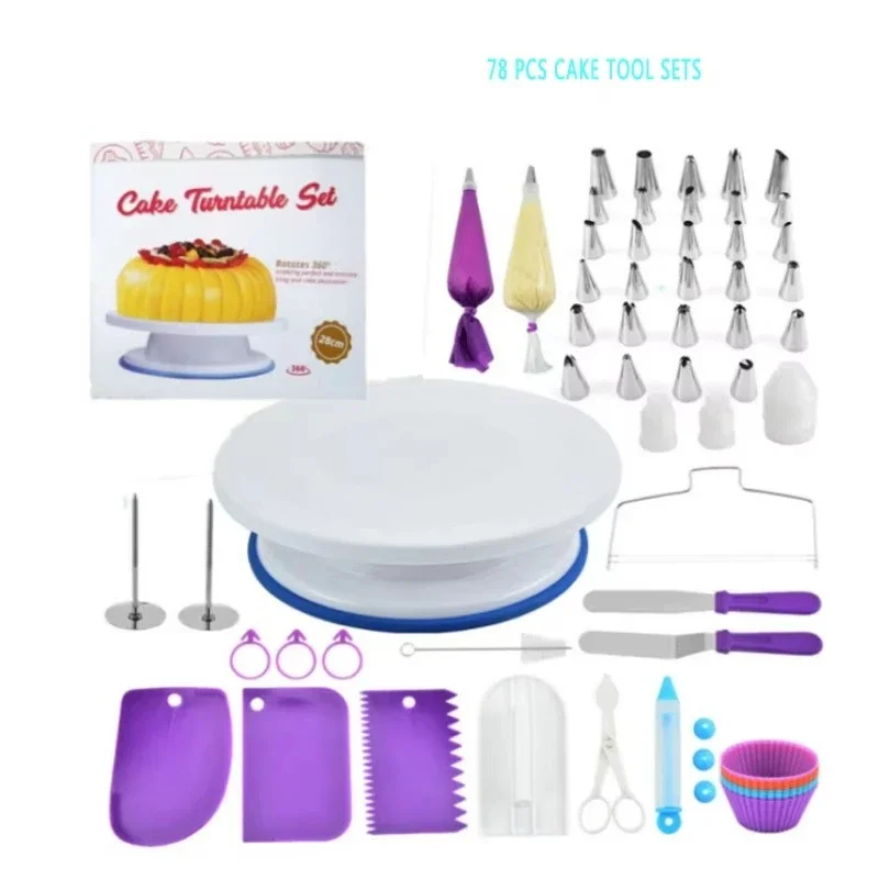 

78Pcs Cake Decorating Tools Kit Pastry Turntable Kit Piping Nozzle Piping Bag Set Rotating Stand Baking Tools Accessories Bak