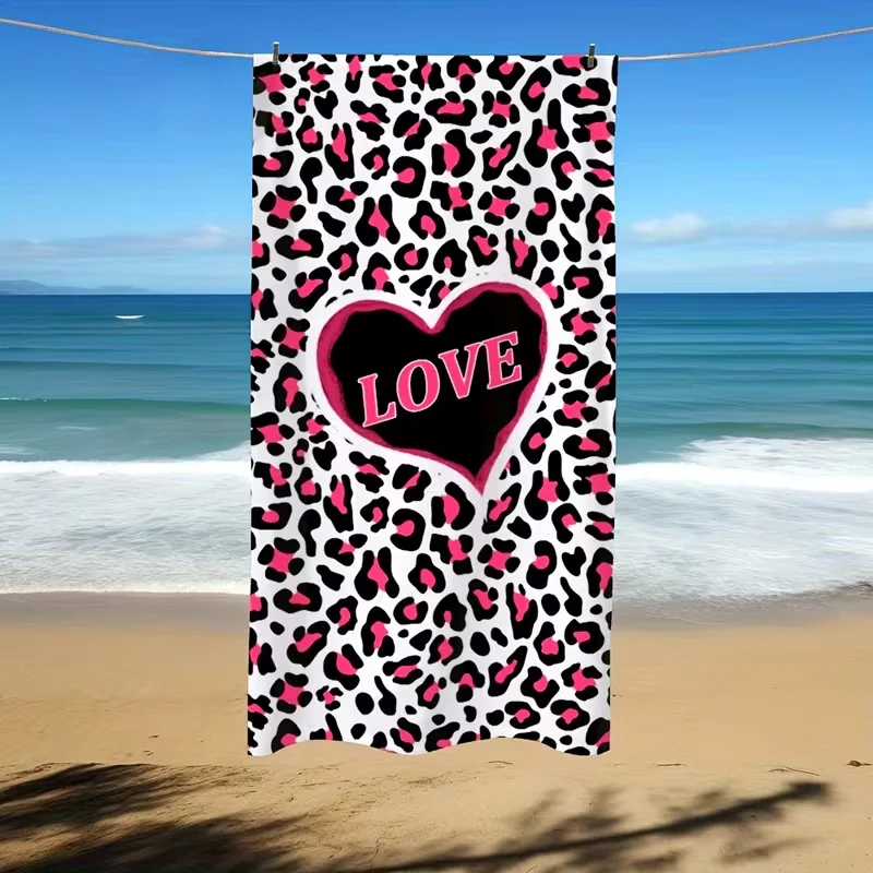 Cute Pink Leopard Print Heart Bow Beach Towel Soft Quick Dry Sand Proof Towel Women Summer Beach Pool Travel Holiday Gift
