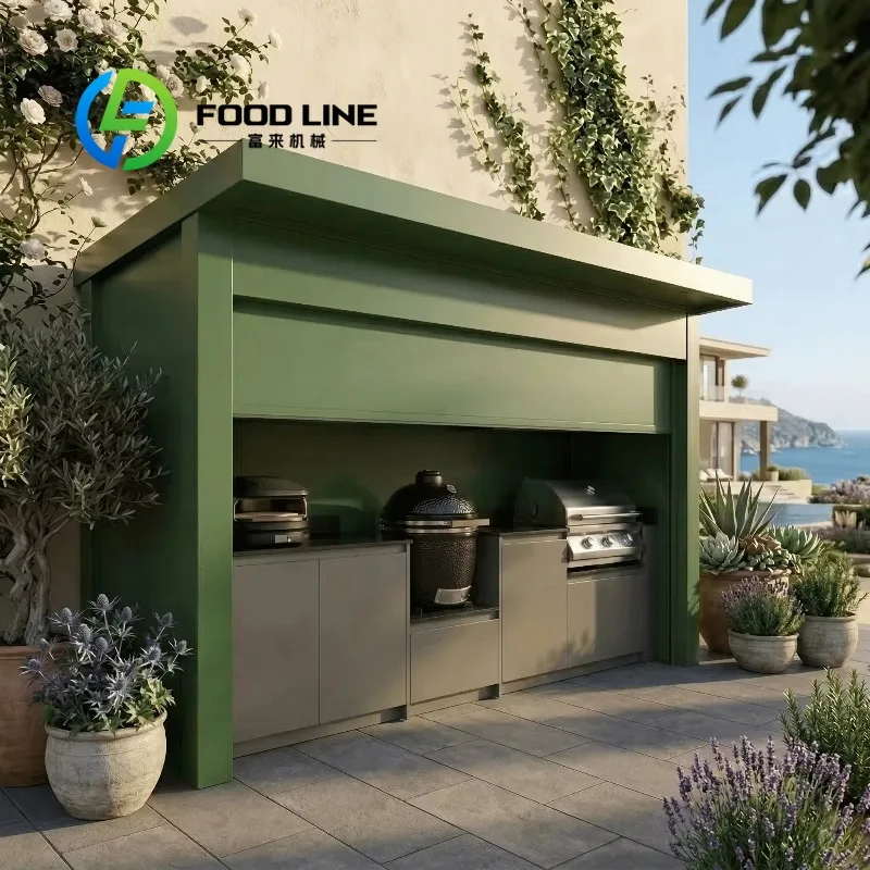 CE Certified Stainless Steel Antibacterial BBQ Grill Pod Metallic Texture Outdoor Bbq Kitchen Pod Roller Shutters for Villa