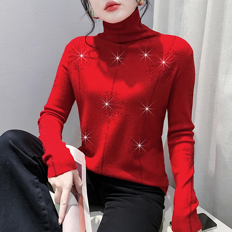 High Quality Velvet Diamond Set Female Autumn Winter Woman Pullover T-shirt High Stretch Turtleneck Pile Collar Sweater Snow