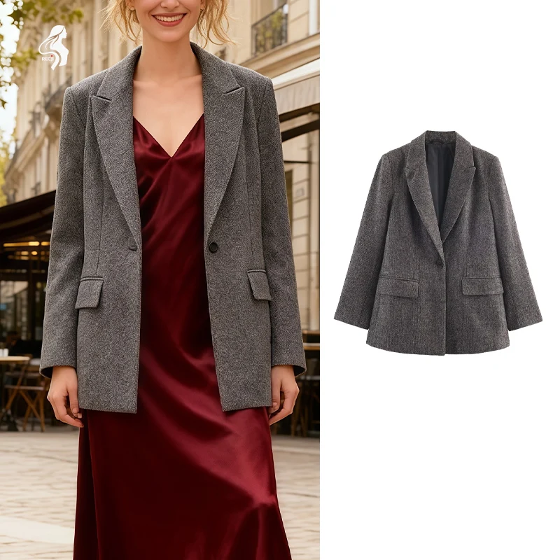 

Женский модный пиджак на одной пуговице, шерстяной пиджак с узором «елочка», стильный и универсальный, подходит для повседневной носки Trafizaran