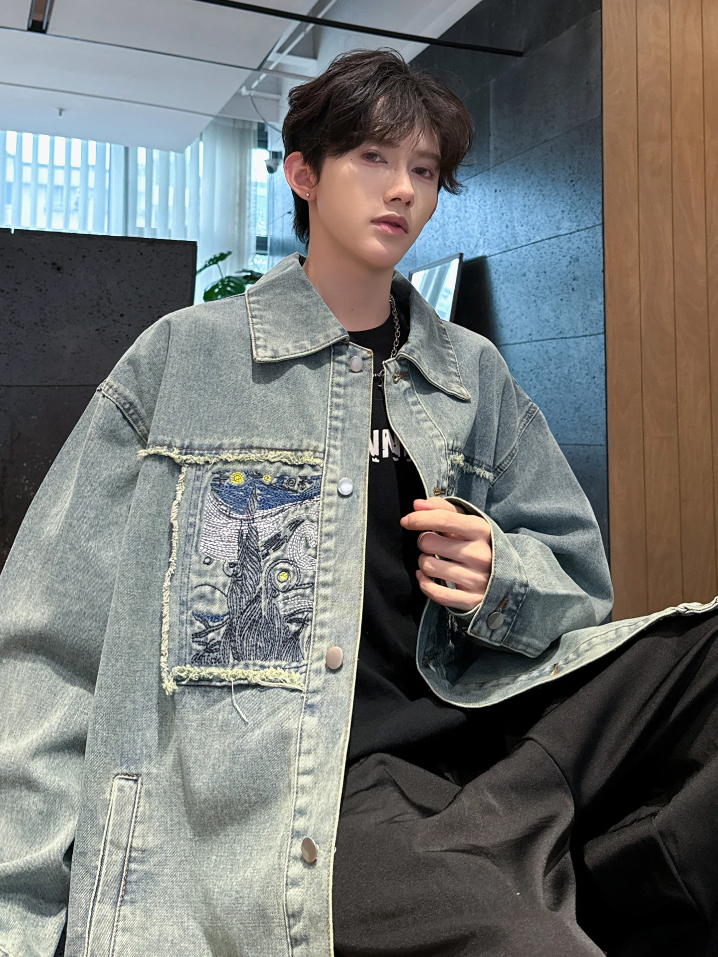 

Waed Denim Jaet Men's Spring Autumn Embroidery Frayed High Street Vintage Trendy Brand Jaet Loose Fit Long Sve