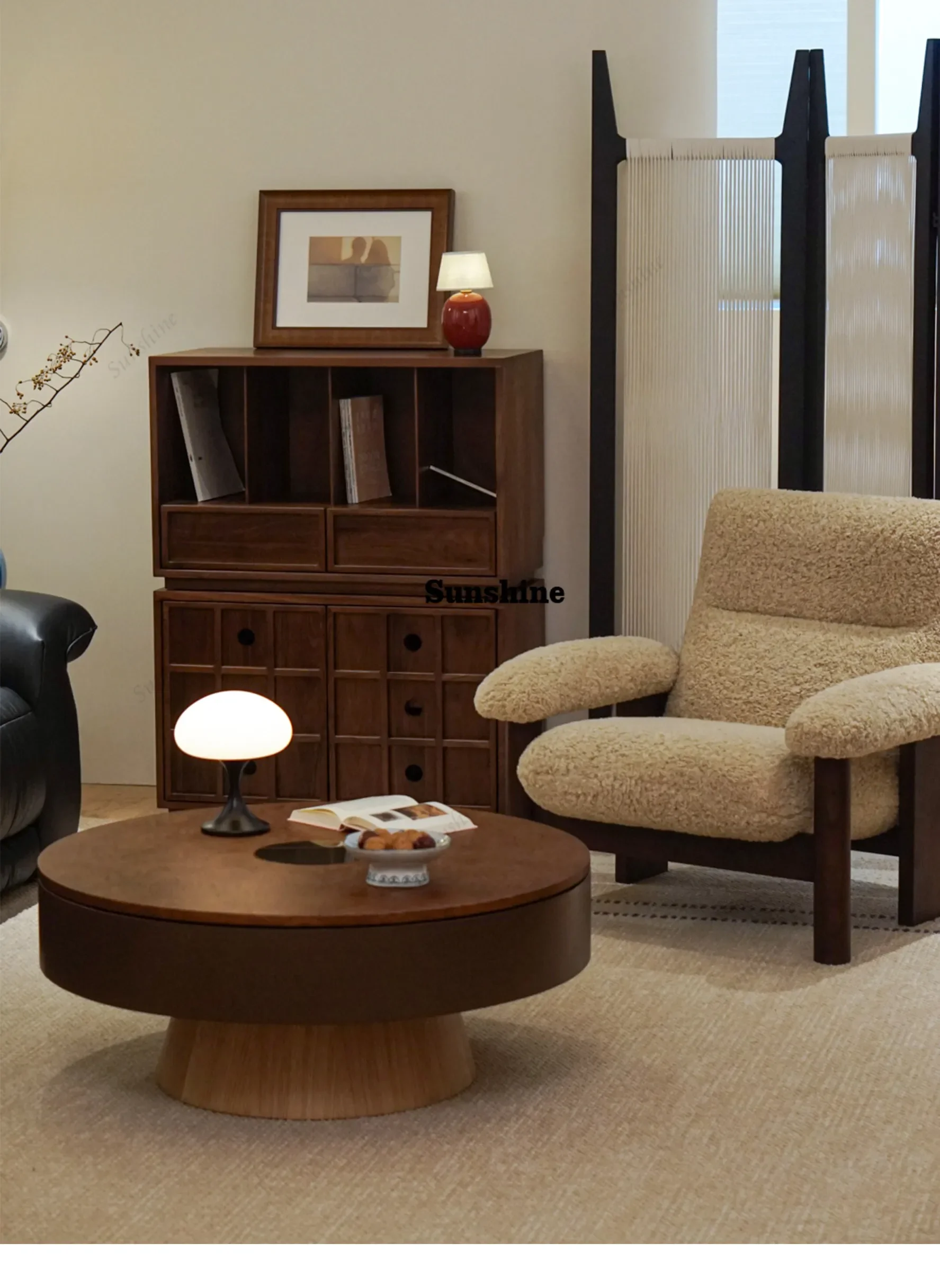 

Medieval solid wood tea table, living room storage rotating round coffee table FT