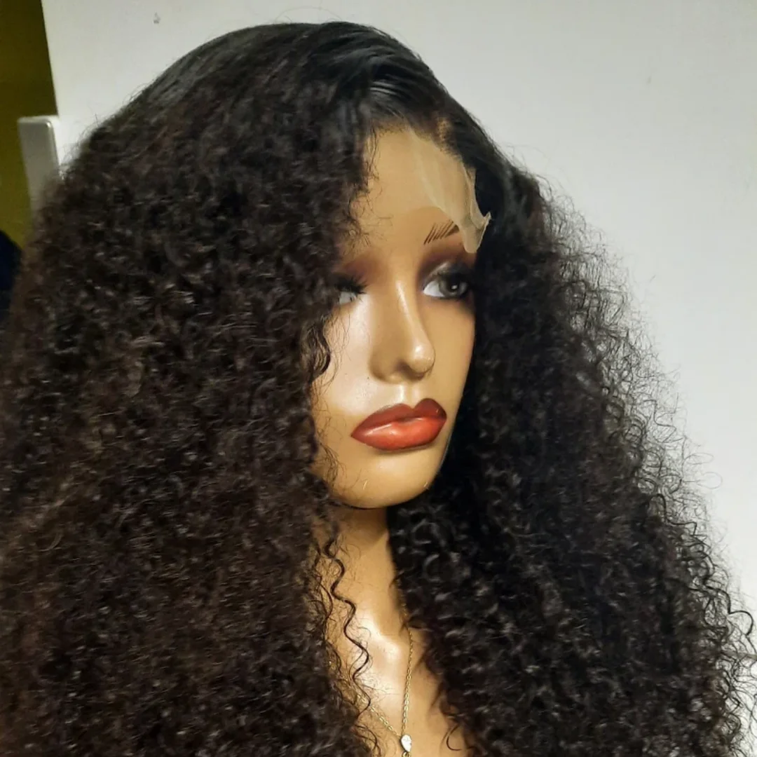 

26Inch 180Density Long Natural Black Kinky Curly Lace Front Wig For Women BabyHair Glueless Preplucked Heat Resistant