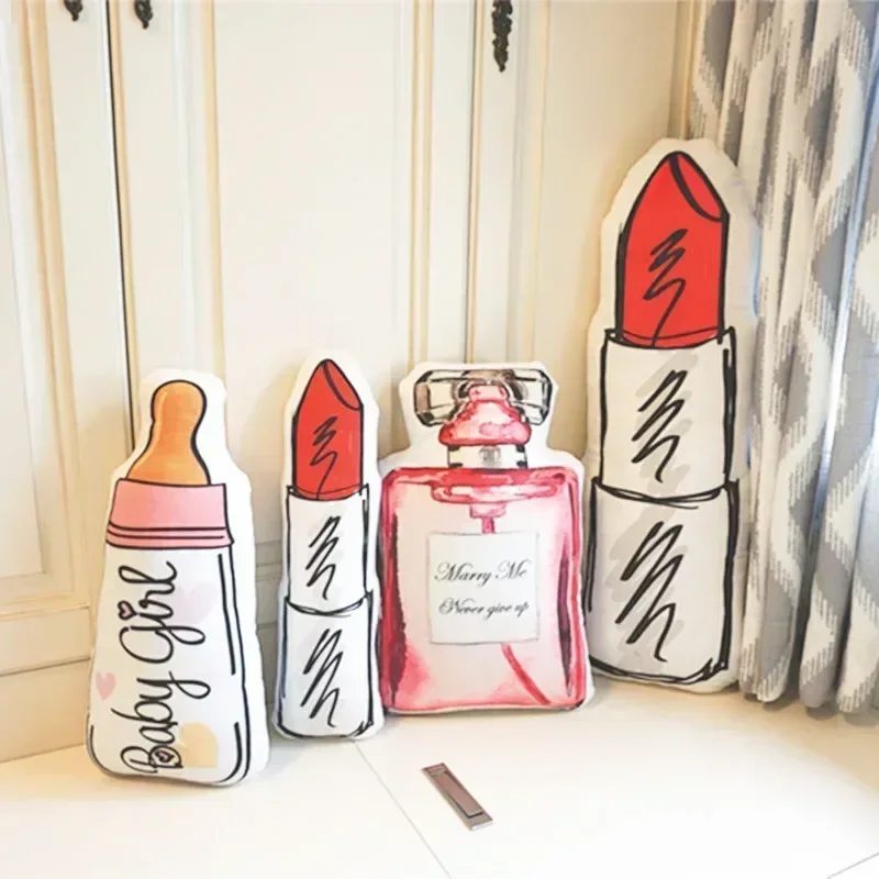 Bouteille de parfum de 43cm, rouge à lèvres, biberon, jouet en peluche, oreiller, poupée en peluche douce, décoration de la maison, cadeau créatif