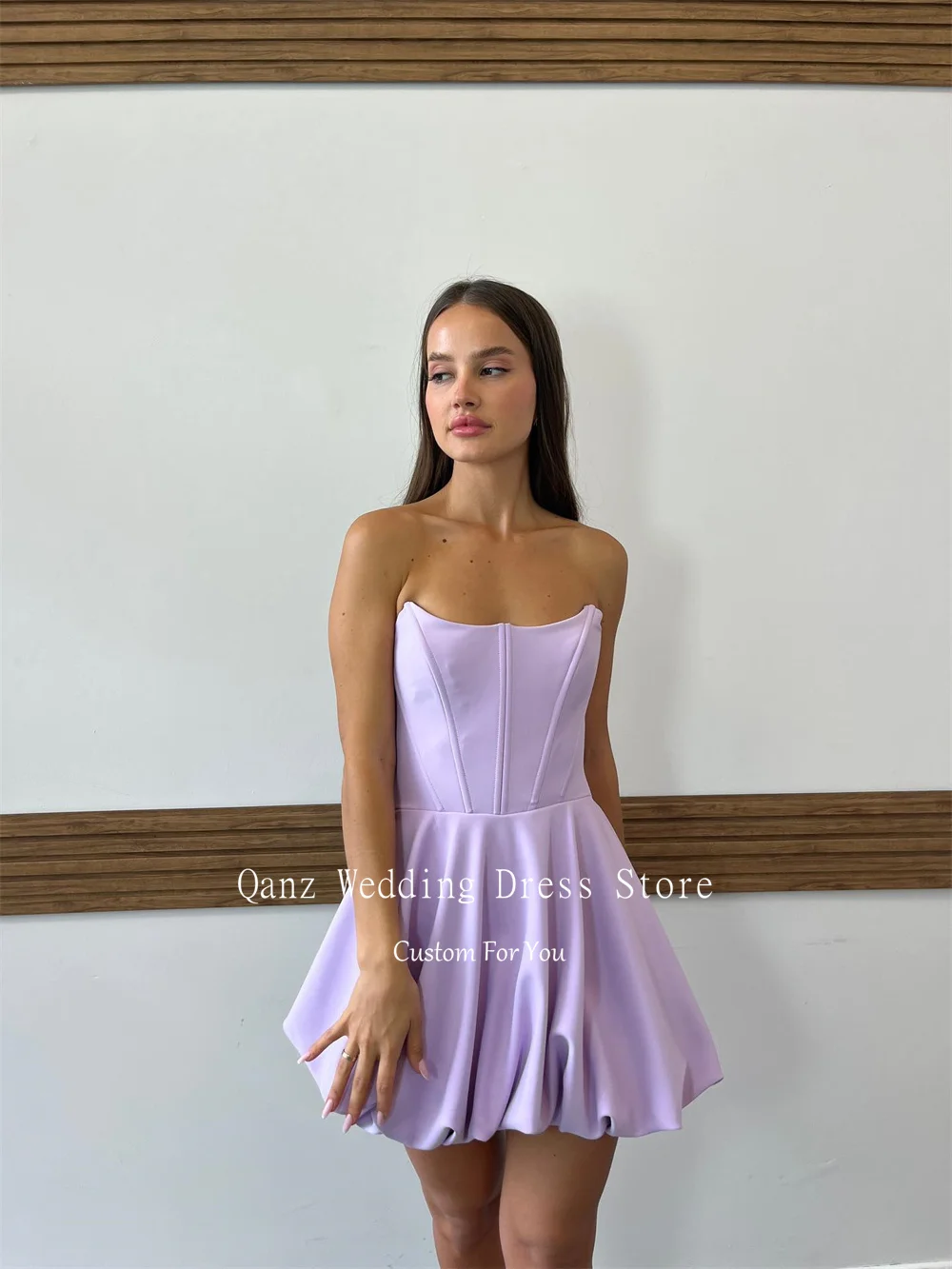 Qanz Simple Satin Prom Dresses Lilac Short A Line Graduation Party Dress Strapless Mini Women Vestidos De Fiesta Customized