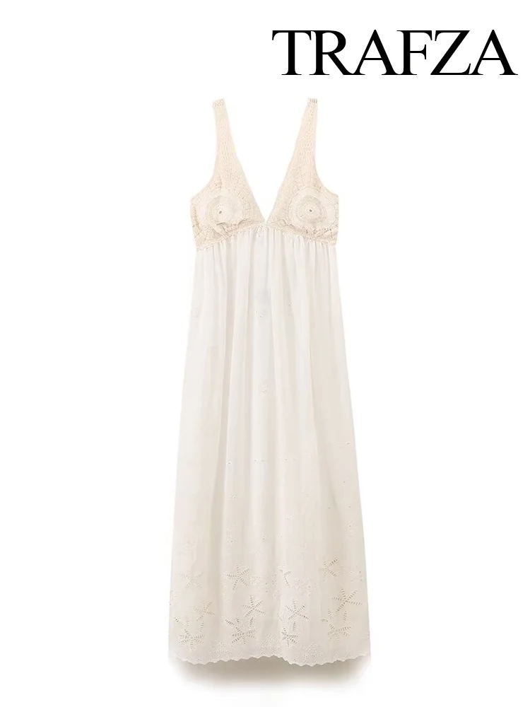 

HH Women Autumn New Fashion V-neck Crochet Spliced ​​Lined Dress Female Elegant Simple Hollow Casual Sleeveless Long Dress