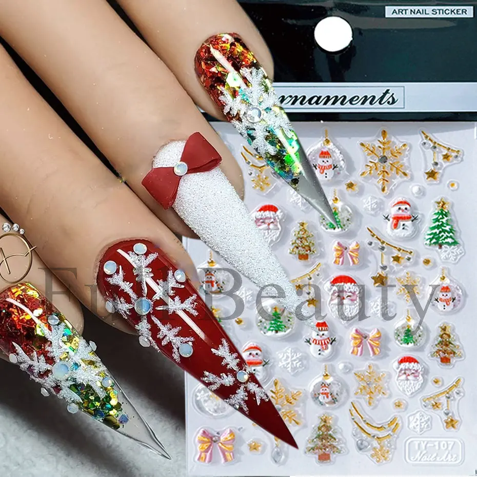 

5D Christmas Tree Snowflake Xmas Nail Sticker Water Decal Embossed Nail Sticker Press on Decal Stickers Nail Decorati