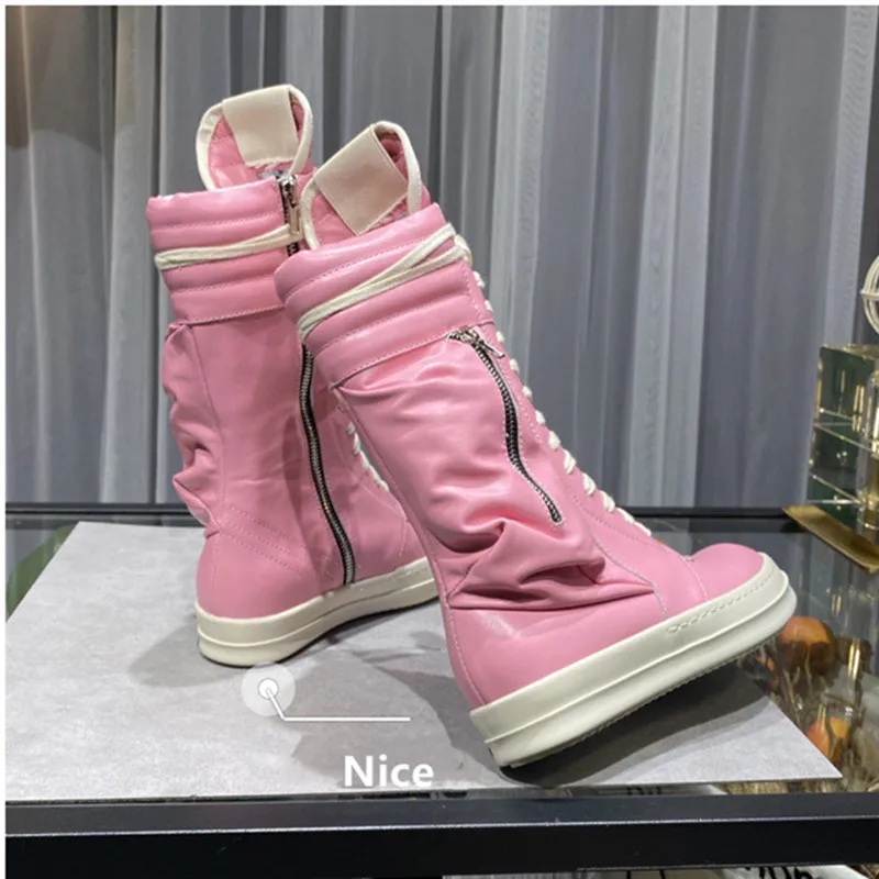 EU35-47 Pocket High Tube Shoes Top Side Zipper Martin Boots Genuine Leather Outdoor Travel Camp Sports Women Sneakers Large Size